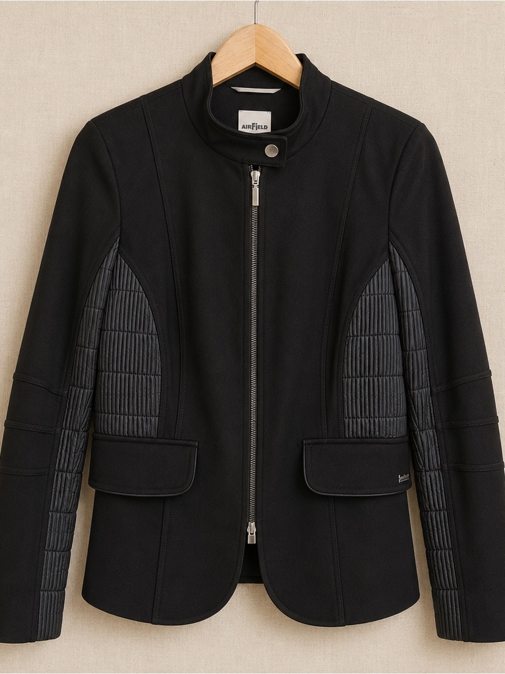 AIRFIELD Beverly Jacket Quilted Panel Zip Moto Blazer Black 42